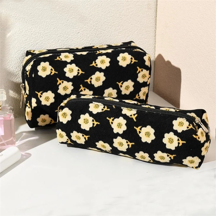 Custom Floral Design Corduroy Makeup Bag