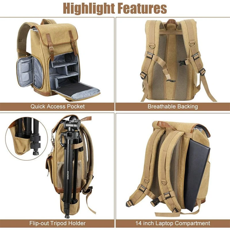 Heavy Duty Khaki Canvas Fabric Camera Bag Backpack suppliers