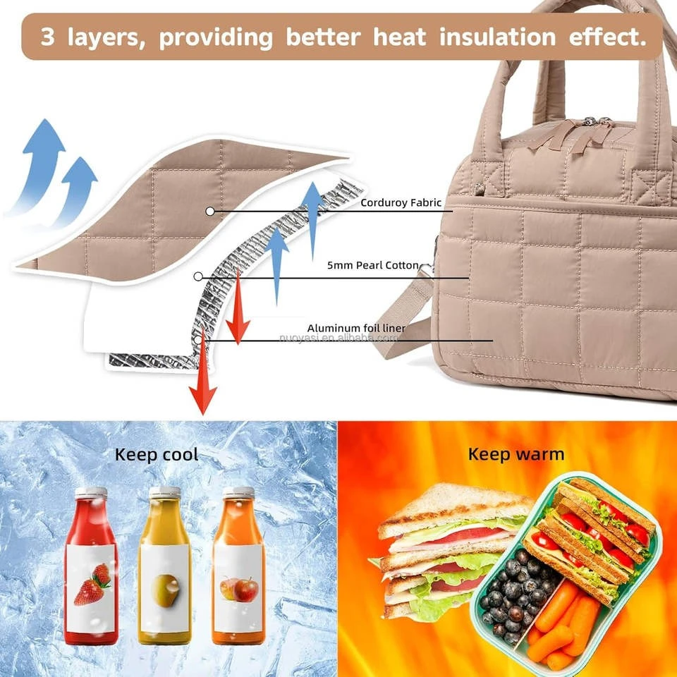Reusable Quilted Puffer Picnic Lunch Bag With Adjustable Strap factory